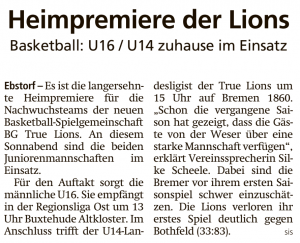 Vorbericht BG TRUE LIONS-U14 vom 15.09.2022